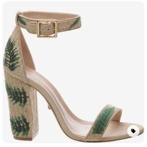 Schutz Pollyana Chunky Heel Green Leaf Design Sandals